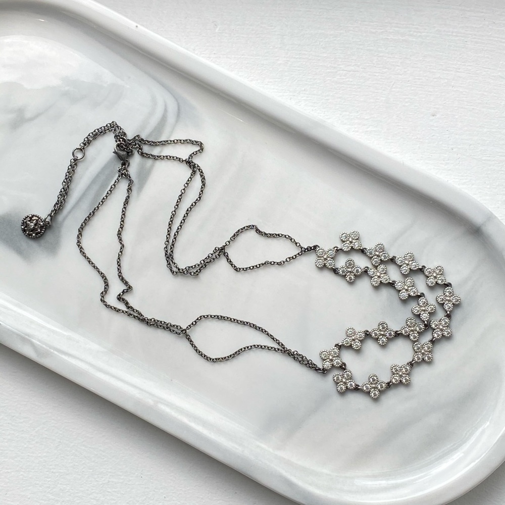 Clover Double Bib Statement Necklace | Silver & CZ